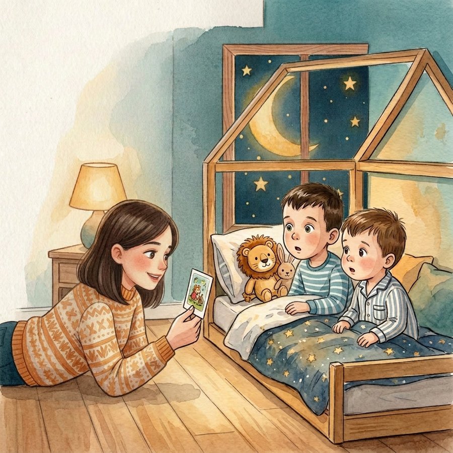 Illustration : Claire lit une carte TOLEO à ses deux garçons, au moment du coucher
